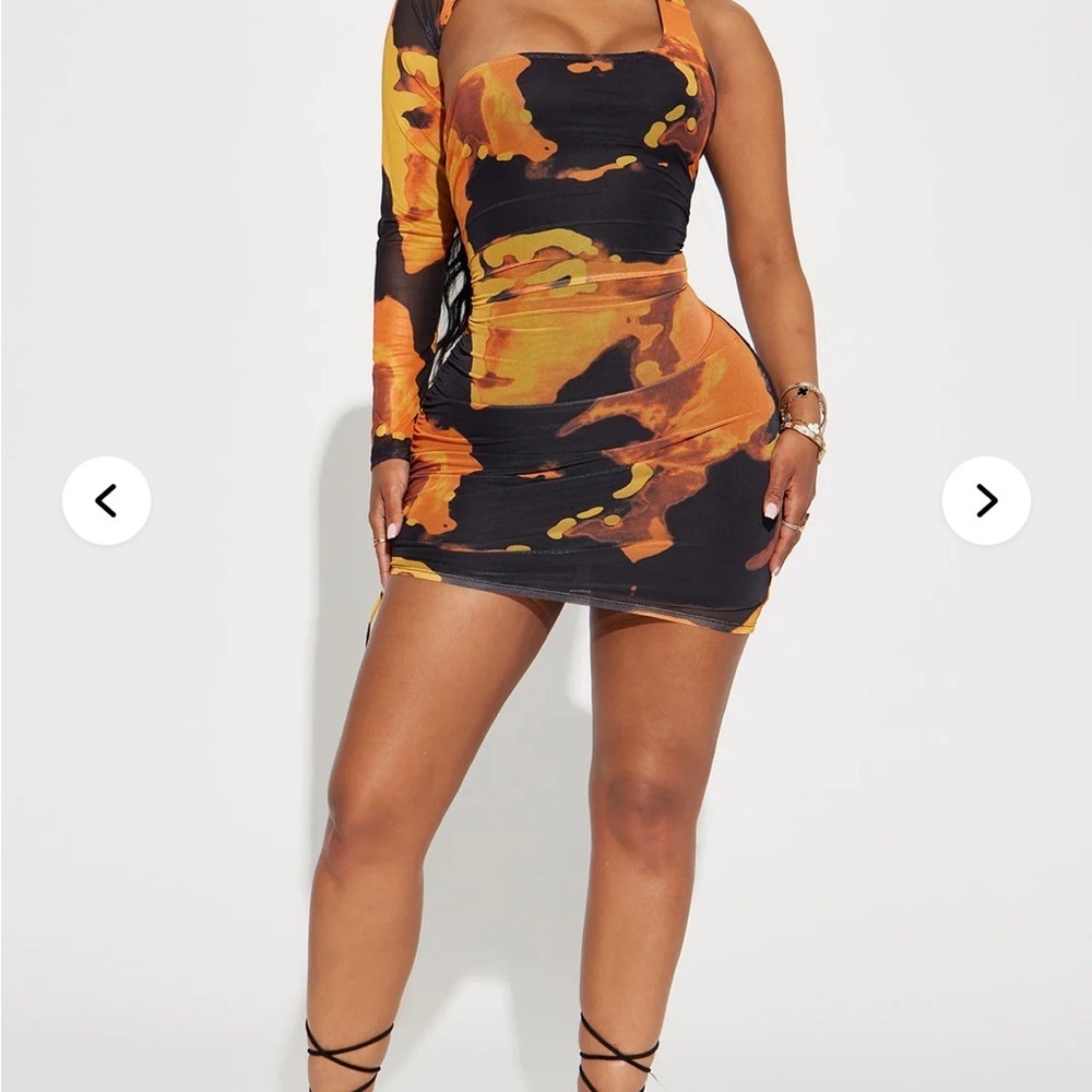 Fashion Nova One-Shoulder Dress in Orange and Black